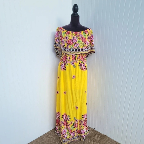 Shein Womens Maxi Long Dress Floral Off The Shoulder Yellow Ruffle Sz L (8/10) - Picture 1 of 12